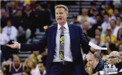  ?? —AP ?? OAKLAND: In this Oct. 25, 2016, file photo, Golden State Warriors coach Steve Kerr reacts during the team’s NBA basketball game against the San Antonio Spurs.