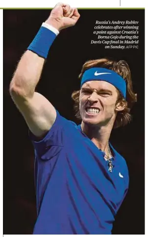  ?? AFP PIC ?? Russia’s Andrey Rublev celebrates after winning a point against Croatia’s Borna Gojo during the Davis Cup final in Madrid on Sunday.