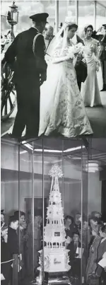  ??  ?? Princess Elizabeth with her father, King George VI, at her wedding in 1947; visitors at the Huntley & Palmers factory in Reading view a replica of her wedding cake