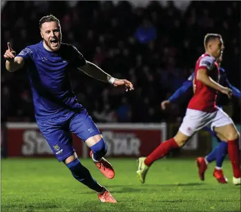  ??  ?? Kevin O’Connor celebrates after scoring for Waterford against St. Patrick’s Athletic on February 14.