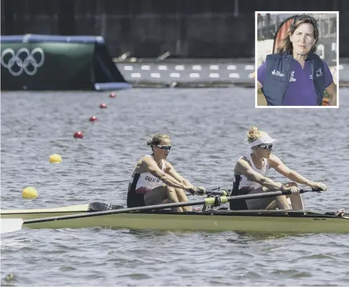  ??  ?? 0 Helen Glover and Polly Swann of Great Britain Rowing team Women’s pair (W2-) in action during a training session at Sea Forest Waterway in Tokyo, Japan, and inset, Dame Katherine Grainger