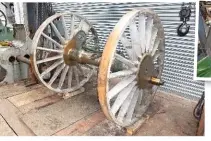  ??  ?? RICHARD ELLIOTT The new 5ft 8in driving wheelset for No. 4709, and the pony truck wheelset from ‘Large Prairie’ No. 4115, at the South Devon Railway Engineerin­g workshop.