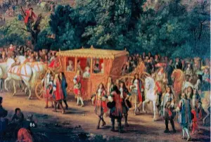  ??  ?? Parti en guerre contre les Flandres, Louis XIV arrive avec sa femme Marie-Thérèse d’Espagne à Arras le 30 juillet 1667 (peinture de Frans Van der Adam).