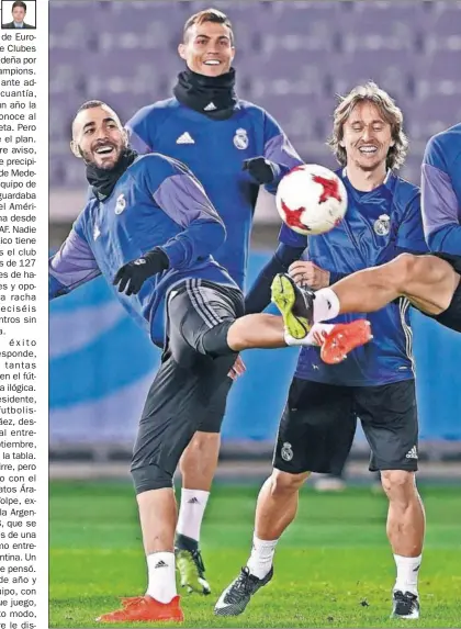  ??  ?? REGRESAN. Benzema, Cristiano y Modric, que descansaro­n ante el Depor, serán titulares hoy.