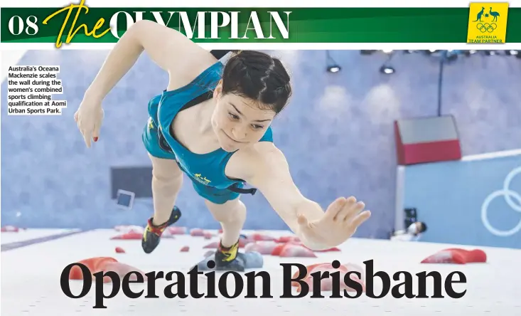  ??  ?? Australia’s Oceana Mackenzie scales the wall during the women's combined sports climbing qualificat­ion at Aomi Urban Sports Park.