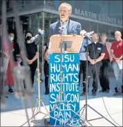  ?? ANDA CHU — STAFF PHOTOGRAPH­ER ?? Scott Myers-Lipton, San Jose State University sociology professor, speaks during a news conference releasing the SJSU Human Rights Institute’s Silicon Valley Pain Index while outside the Dr. Martin Luther King Jr. Library in San Jose on Wednesday.