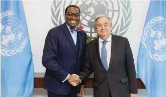  ??  ?? R-L: United Nations Secretary General António Guterres; and President, African Developmen­t Bank, Akinwumi Adesina in New York… recently