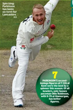  ?? REX ?? Spin king: Parkinson has been on form for Lancashire