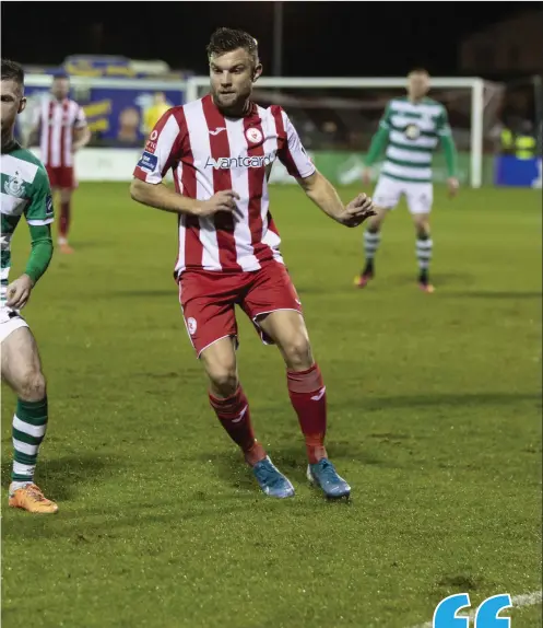  ??  ?? Alex Cooper in action against Jack Byrne of Shamrock Rovers.
Pic: Donal Hackett.