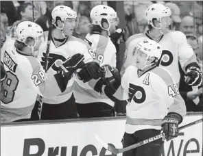  ?? By John E. Sokolowski, US Presswire ?? Not celebratin­g now: The Flyers’ Danny Briere (48) was joyful March 29, but he is out with an upper back contusion after taking a hit in Sunday’s game against the Penguins.