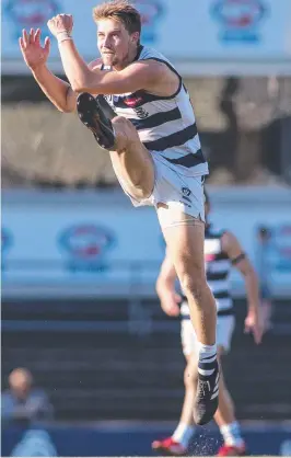  ??  ?? ON TARGET: Ryan Gardner boots one of his six goals. _Picture: ARJ GIESE Getting very close to an AFL debut but has needed to show that he can do more than just be a tap ruckman. His 30 hitouts and three clearances were commendabl­e but it was his four marks and two goals that stood out the most. Abbott was prominent in defence, helping out his teammates in aerial contests and providing an option for the quick kick out of the backline as required. Is doing all of the right things, it will now just be a matter of whether there is an opportunit­y.