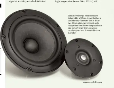  ??  ?? Bass and midrange frequencie­s are delivered by a 165mm driver that has a coated wood-fibre cone that is driven by a 38mm-diameter voice coil and a neodymium-iron-boron magnet whose size is much larger than one would usually expect on a driver of this cone diameter.