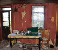  ??  ?? Back in Time: From left to right, the ivy-covered exterior of Gleeson’s Cottage; Paddy as shot by James Fennell; the table with kettles and portable ring cooker; a traditiona­l wardrobe