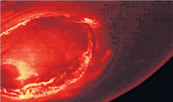  ??  ?? Highly charged: first-ever pictures of the southern aurora at Jupiter’s north pole, taken from the Juno spacecraft, reveal streamers of light caused by energy from the sun and electrical­ly charged particles in the magnetic field