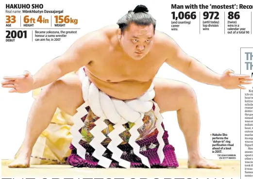  ?? THE ASAHI SHIMBUN VIA GETTY IMAGES ?? Hakuho Sho performs the ‘dohyoiri’ ring purificati­on ritual ahead of a bout in 2017.