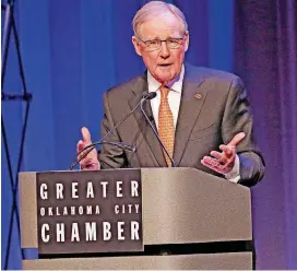  ?? [PHOTOS BY STEVE GOOCH, THE OKLAHOMAN] ?? Oklahoma State University President Burns Hargis speaks Wednesday during the State of the Schools event at the National Cowboy & Western Heritage Museum in Oklahoma City.