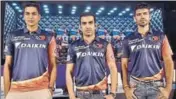  ??  ?? Gautam Gambhir (centre) with Manjot Kalra (left) and Naman Ojha at the Delhi Daredevils’ unveiling in the city on Wednesday. HT PHOTO