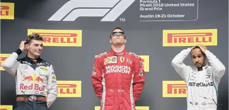  ?? EPA ?? FINNISH F1 driver Kimi Raikkonen of Ferrari, centre, the winner stands on the podium along with Britain’s Lewis Hamilton of Mercedes, right, and Dutch driver Max Verstappen of Red Bull, left, after the United States Grand Prix race at the Circuit of the Americas in Austin, Texas, yesterday. |