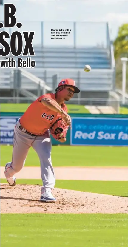  ?? AP ?? Brayan Bello, with a new deal from Red Sox, works out in Fort Myers.