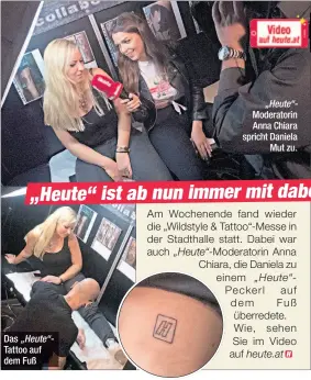  ??  ?? Das Tattoo auf dem Fuß Moderatori­n Anna Chiara spricht Daniela Mut zu.