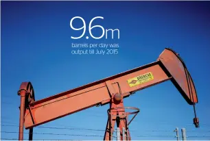  ?? — Reuters ?? barrels per day was output till July 2015 An oil well pump jack is seen at an oil field supply yard near Denver, Colorado.