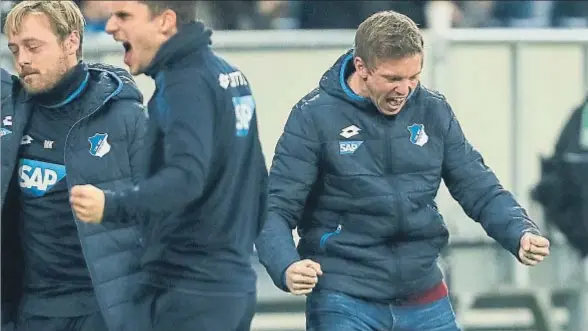  ?? TF-IMAGES / GETTY / ARCHIVO ?? Nagelsmann, a la derecha, celebra un gol del Hoffenheim frente al Borussia Dortmund que dirige su mentor, Thomas Tuchel