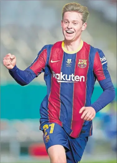  ??  ?? Frenkie de Jong celebra su gol, el segundo del Barça, en la final del sábado en La Cartuja.