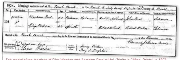  ??  ?? The record of the marriage of Eliza Weadon and Abraham Ford at Holy Trinity in Clifton, Bristol, in 1871