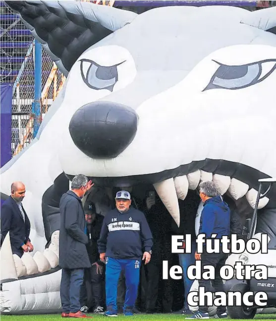  ?? (AP) ?? En la boca del lobo. Así entró Maradona por primera vez como entrenador de Gimnasia La Plata. El inflable del lobo lo dice todo.