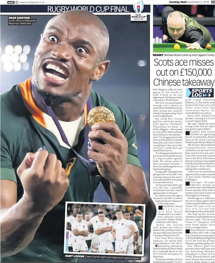  ??  ?? ROAR EMOTION South Africa’s Makazole Mapimpi celebrates
HURT LOCKER
O wen Farrell (right) and dejected England players
REGRET
Wishaw Wizard came up short against Trump