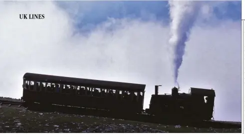  ??  ?? Left: No 7 ‘Aylwin’, SLM 2869 of 1923, in silhouette while propelling its train along the final climb towards the summit. This loco was later renamed ‘Ralph Sadler’, then abbreviate­d to ‘Ralph’, and is currently out of service.