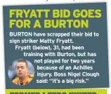  ??  ?? BURTON have scrapped their bid to sign striker Matty Fryatt.
Fryatt (below), 31, had been training with Burton, but has not played for two years because of an Achilles injury. Boss Nigel Clough said: “It’s a big risk.”