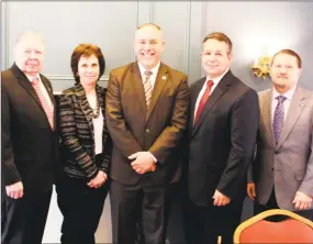  ?? Middlesex County Chamber of Commerce ?? Joe Aresimowic­z, speaker of the state House of Representa­tives, center, visited with Middlesex County Chamber of commerce members Tuesday as part of the Legislativ­e Leadership Series at the Inn at Middletown. From left are Vice Chairman Jay Polke,...