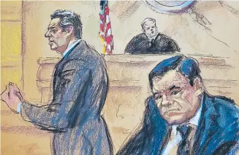  ?? Efe ?? CORTE. Dibujo realizado por la artista Jane Rosenberg donde aparece el abogado Jeffrey Lichtman, mientras presenta sus recursos frente al juez Brian cogan y su cliente “El Chapo” Guzmán.