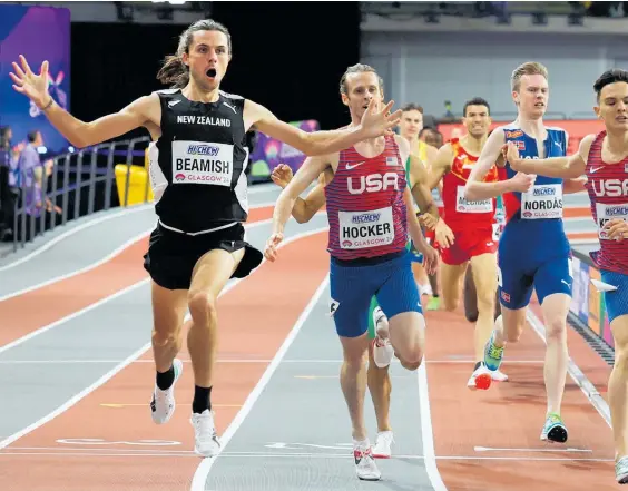  ?? Photo / Photosport ?? Geordie Beamish produced a stunning finishing burst to win the 1500m gold in Glasgow with a personal best time.