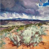  ??  ?? Jill Carver, Rain Showers Over Rio Grande Gorge, oil on canvas, 36 x 36”