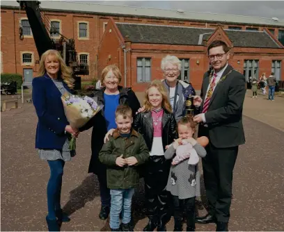  ?? ?? North Lanarkshir­e Council depute leader Louise Roarty and Provost Kenneth Duffy with Betty McDonald, Frances Bodwick, and grandchild­ren Autumn, Laurel and Mac at the 23- acre museum and visitor attraction site