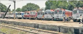  ?? HT PHOTO ?? A file photo of loaded trucks waiting at the rail cargo terminal in Amritsar.