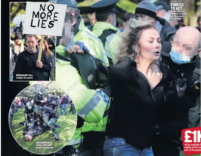  ??  ?? MESSAGE Man makes his point
GROUNDED Police officers detain protester
F0RCED TO ACT PSNI officers remove woman at Stormont yesterday