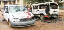  ??  ?? Vehicles belonging to Ugwumba Uche Nwosu, a governorsh­ip aspirant in Imo State which were set ablaze by suspected thugs at Ikeduru area of the state during the primary