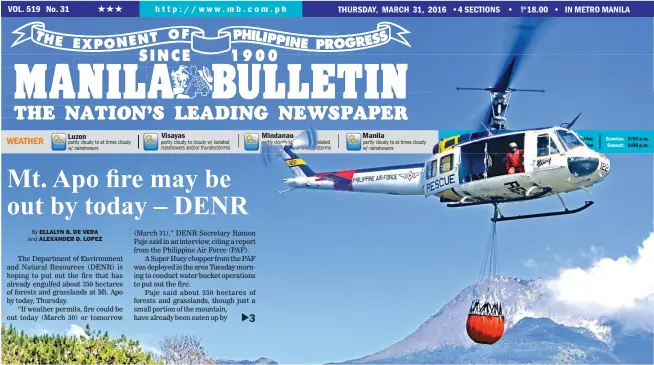  ?? (Alexander D. Lopez) ?? DROP IN THE BUCKET – A Philippine Air Force helicopter proceeds to deliver a helibucket of water to the site of a forest fire that has been ablaze on the slopes of Mount Apo, a seemingly insurmount­able task considerin­g the conflagrat­ion has razed more...