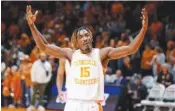  ?? TENNESSEE ATHLETICS PHOTO ?? Tennessee junior guard Jahmai Mashack celebrates during the waning stages of Saturday night’s 90-64 dismantlin­g of visiting Ole Miss inside the Food City Center.