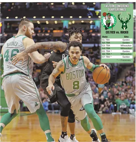  ?? STAFF PHOTO BY STUART CAHILL ?? START TO FINISH: Shane Larkin works around a pick by Celtics teammate Aron Baynes during last night’s 110-97 victory against the Nets at the Garden.