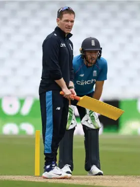  ?? Picture: Gareth Copley/Getty ?? Eoin Morgan and wicketeeke­per Jos Buttler are pictured during yesterday’s England training session at Trent Bridge