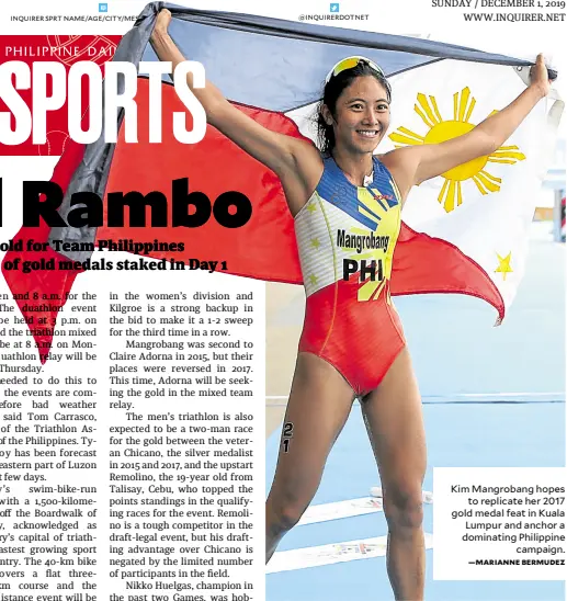  ?? —MARIANNE BERMUDEZ ?? Kim Mangrobang hopes to replicate her 2017 gold medal feat in Kuala Lumpur and anchor a dominating Philippine campaign.