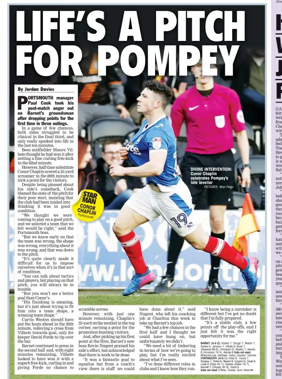  ?? PICTURES: Max Flego ?? STAR MAN CONOR CHAPLIN Portsmouth DIVINE INTERVENTI­ON: Conor Chaplin celebrates Pompey’s late leveller