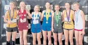  ?? COURTESY PHOTO ?? The top seven finishers in the North Coast Section Division 5 girls race Saturday at Hayward High School were (from left) Amilie Maltz of Lick Wilmerding, Hannah Garrity of Clear Lake, Adeline Johnson of Branson, Sage Sanderson of Branson, Lucy Gott of Sonoma Academy, Kaira Shlipak of Lick Wilmerding and Lucinda Laughlin of University. All received medals and will advance to the state meet next Saturday in Fresno.