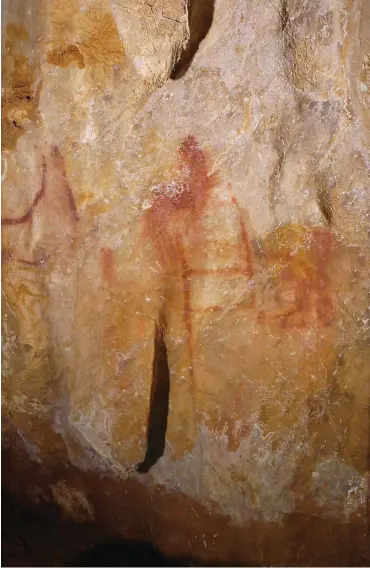  ?? Foto: C.D. Standish, A.W.G. Pike, D.L.Hoffman ?? Vor 64 000 Jahren bemalten Neandertal­er diese Wand einer Höhle in Spanien.