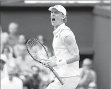  ?? MATTHEW STOCKMAN/GETTY ?? Kevin Anderson celebrates a point in his marathon five-set victory over John Isner in the semifinals Friday.