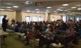  ?? MARIAN DENNIS — MEDIANEWS GROUP ?? Montgomery County District Attorney Kevin Steele speaks to a crowded auditorium at Montgomery County Community College Saturday during a conference on juvenile justice.